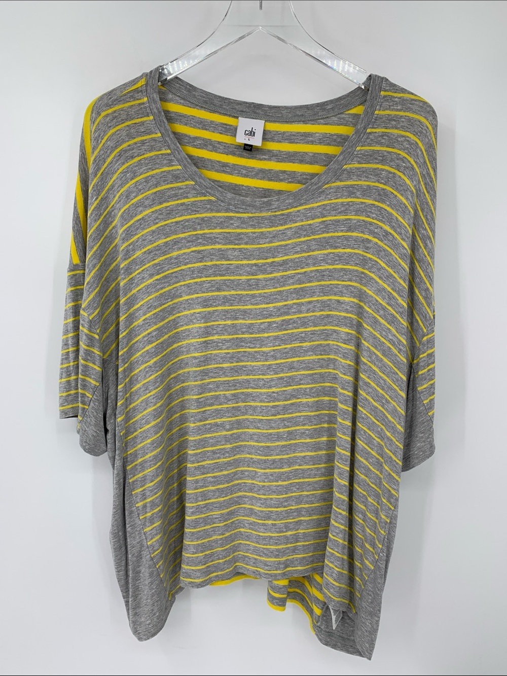 Cabi Cruise tee top shirt gray yellow stripe boxy knit over-size short sleeve L